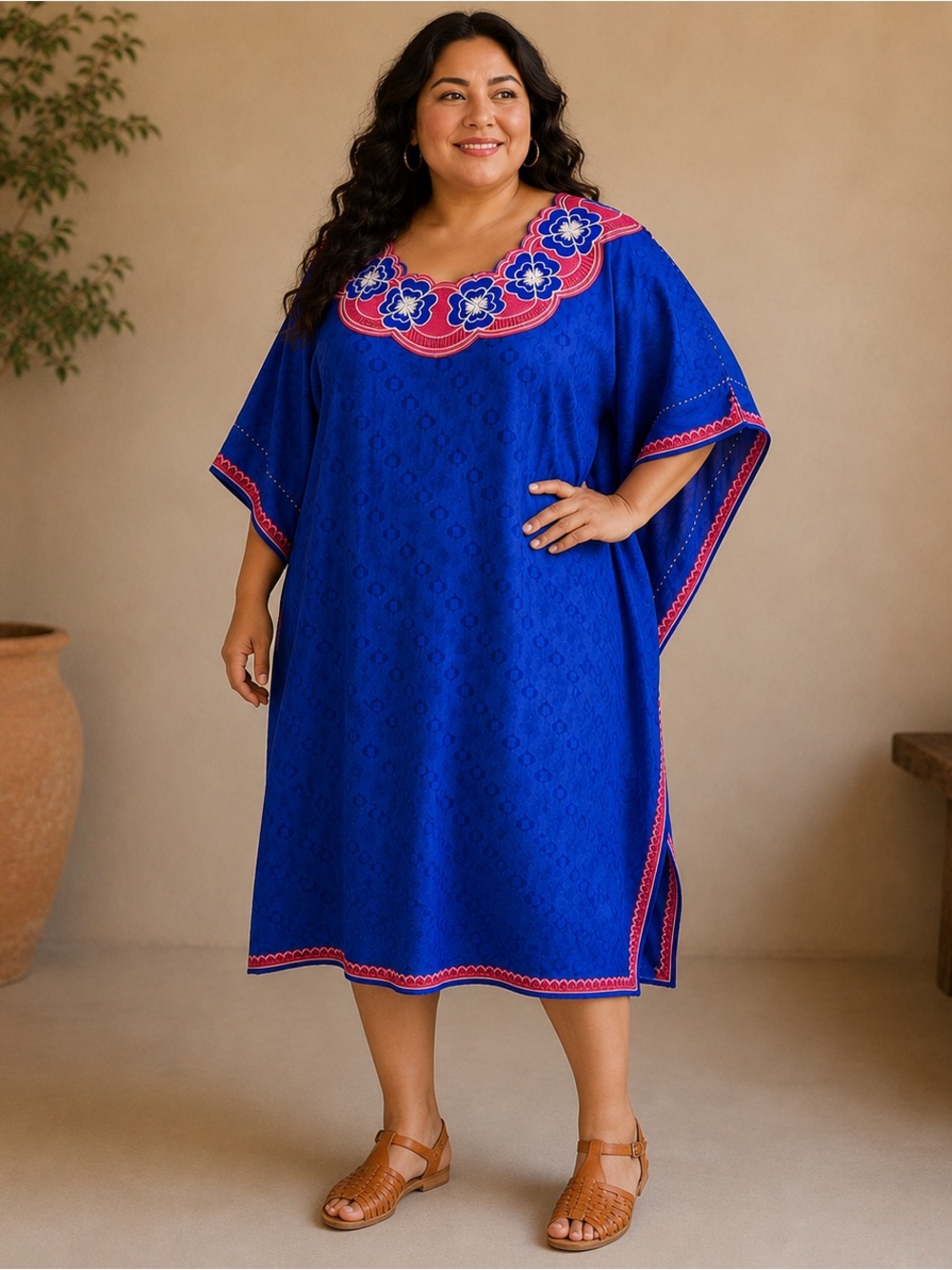 Handmade Indie Bollywood Vibrant Blue and Pink Floral Embroidered Midi Dress OS